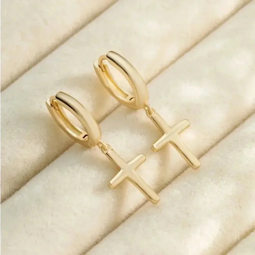 Gold Plated Hoops with Cross Drop Charm - NEW